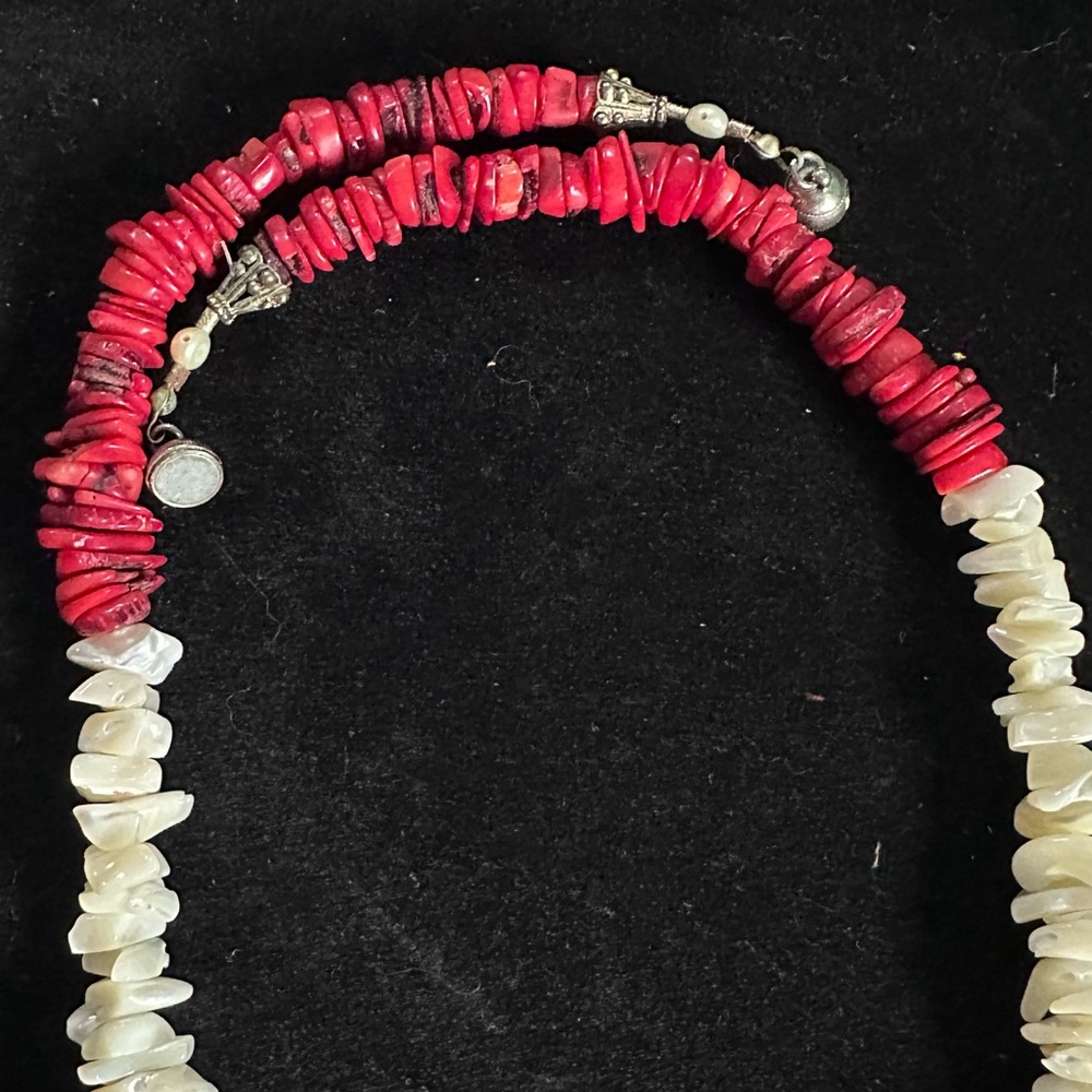 Chucky Statement Necklace 26” Long Red Coral Shells Pearls Magnetic Clasp - Picture 9 of 15